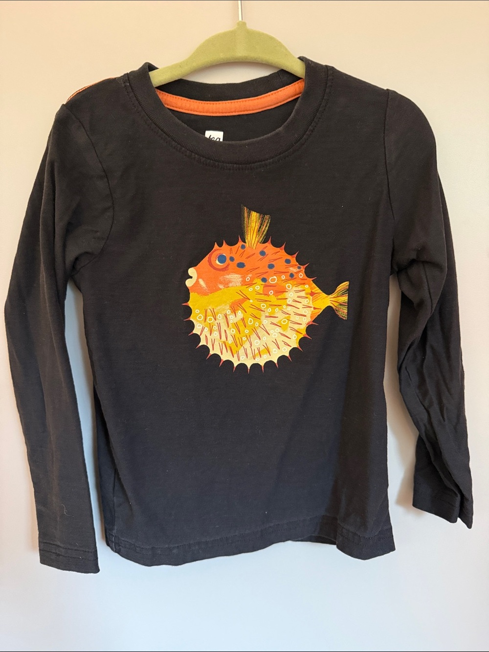 Tea Collection Black Long-Sleeve Tee with Orange and Yellow Pufferfish